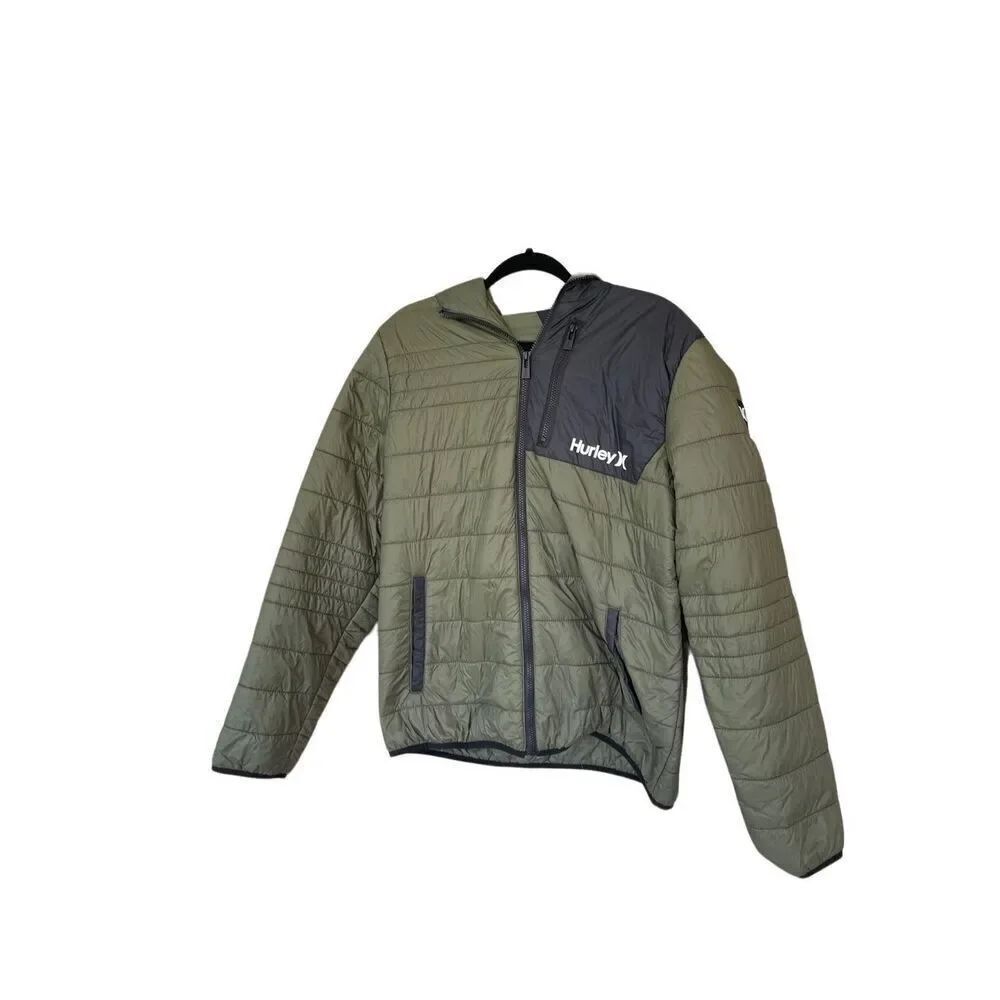 Hurley Men’s Cargo Khaki Full Zip Hooded Carrick Quilted Packable Jacket Size XL